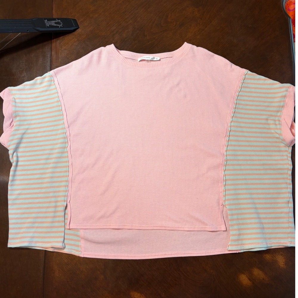 Altar'd State Pink Waffle Knit Striped Colorblock Oversized Top Womens Medium